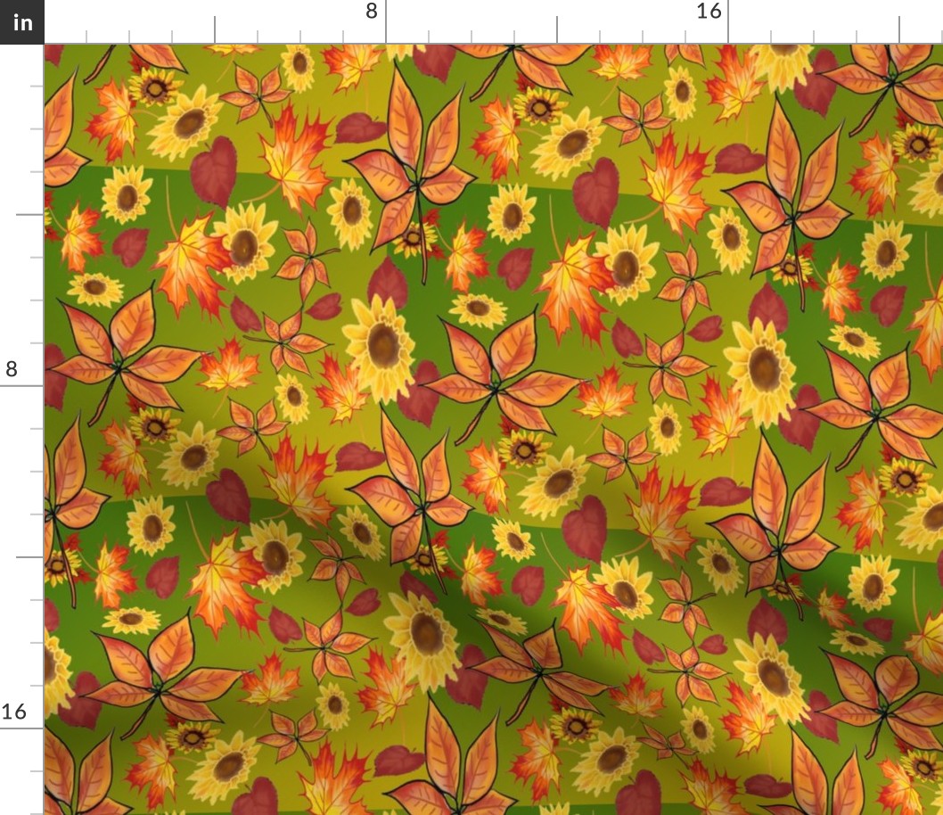 Leaves and Sunflowers Green Background 2 tone All Fall Autumn