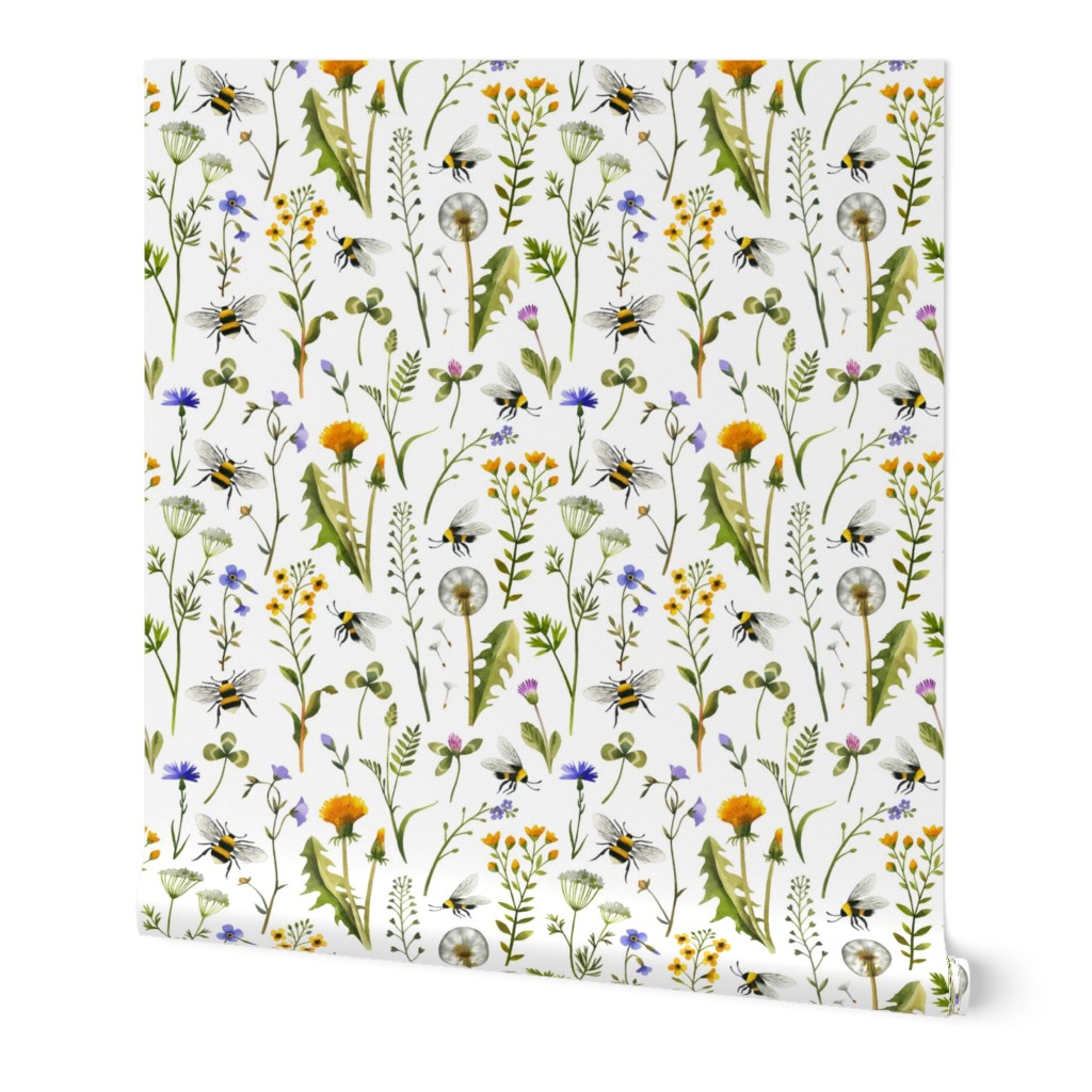 Bees And Wildflowers / White / Large Scale