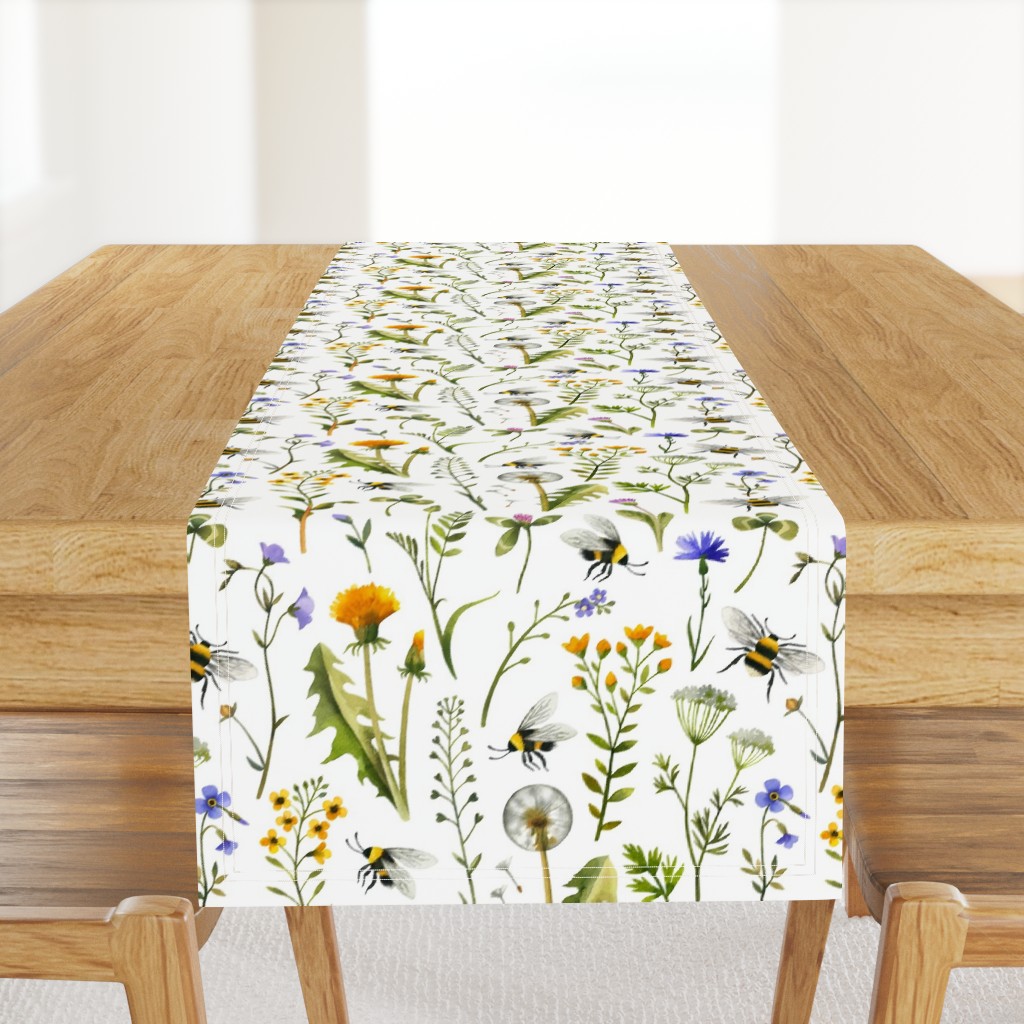 Bees And Wildflowers / White / Large Scale