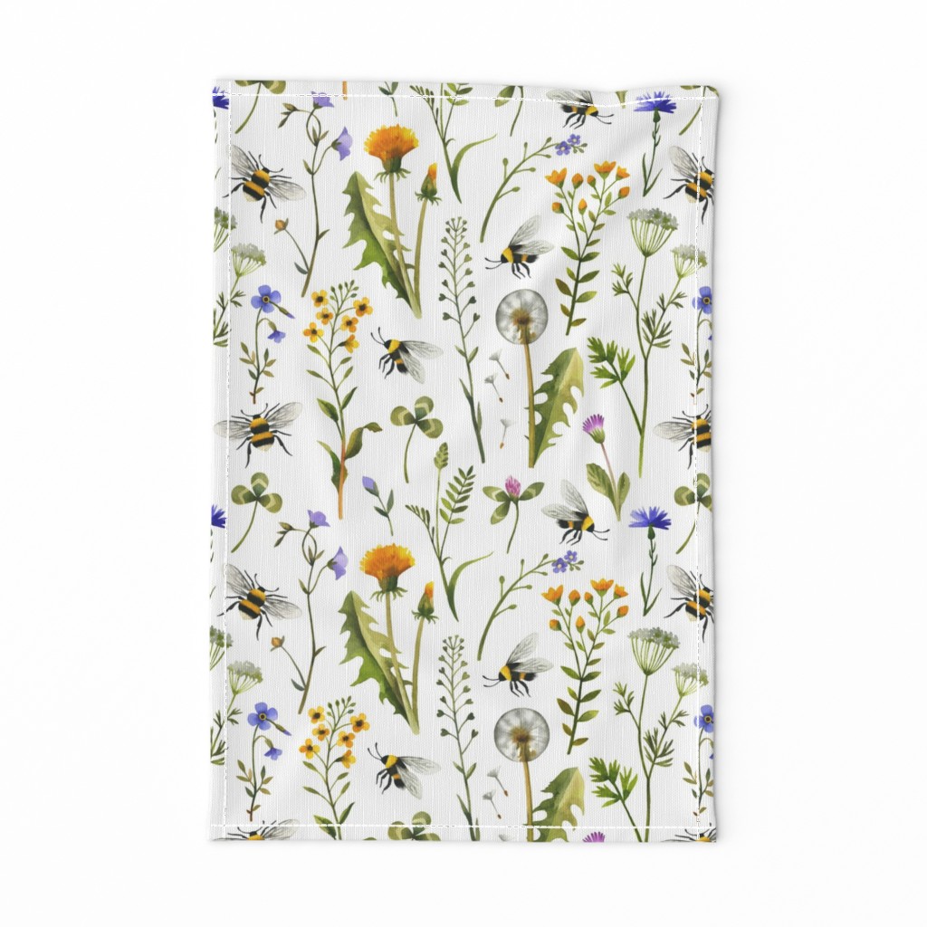 Bees And Wildflowers / White / Large Scale