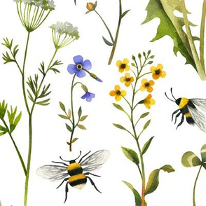 Bees And Wildflowers / White / Large Scale