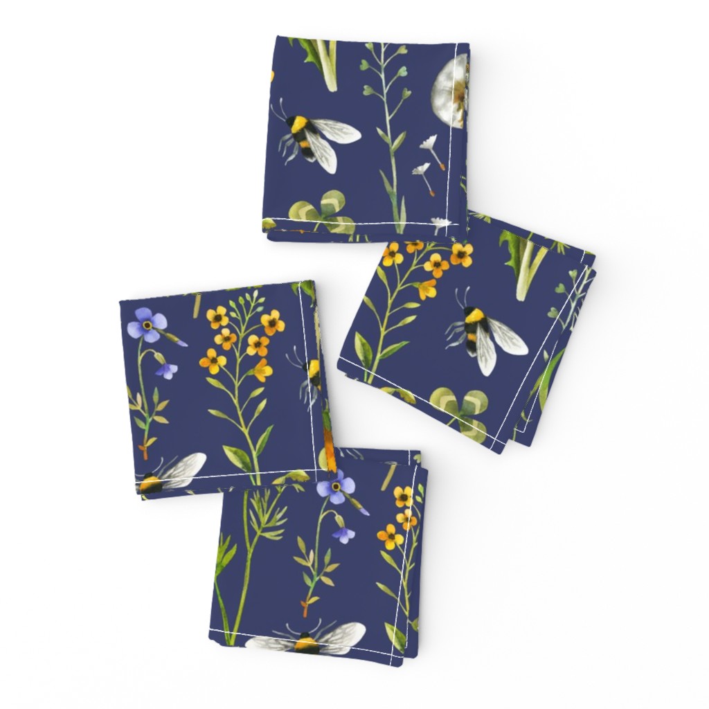 bees and wildflowers - dark blue, large