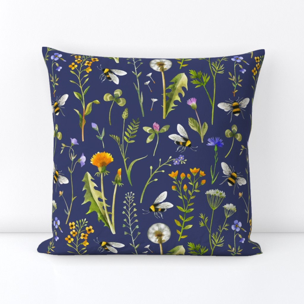 bees and wildflowers - dark blue, large