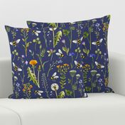 bees and wildflowers - dark blue, large
