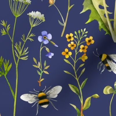 bees and wildflowers - dark blue, large