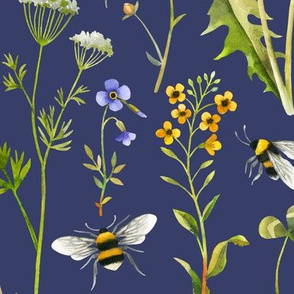 bees and wildflowers - dark blue, large