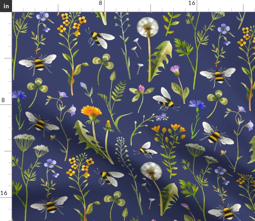 bees and wildflowers - dark blue, large