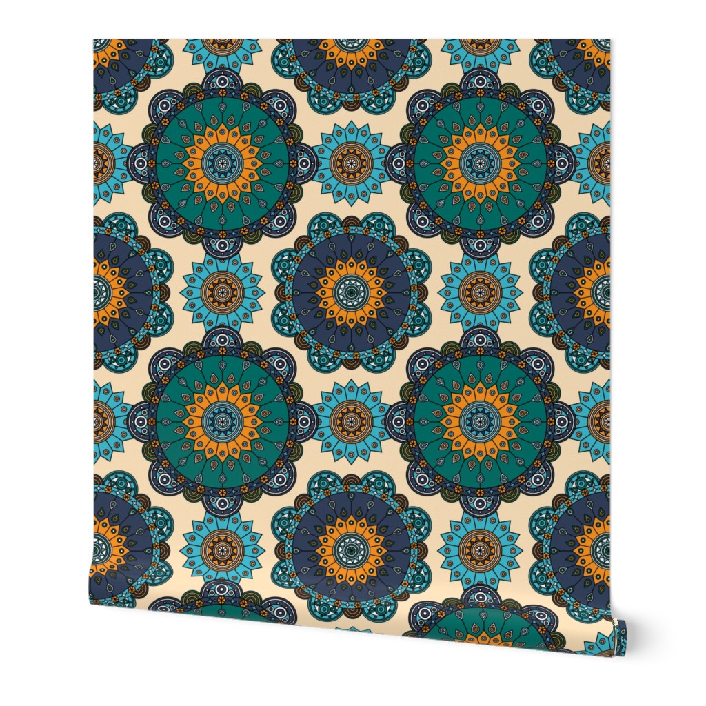 Medallions in teal, blue, orange and cream