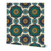 Medallions in teal, blue, orange and cream