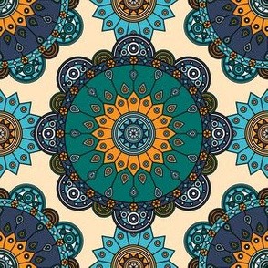 Medallions in teal, blue, orange and cream