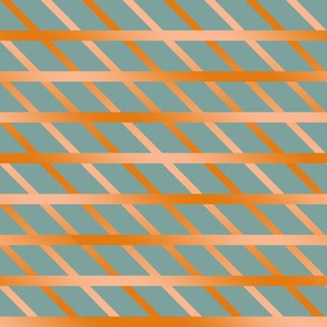 BYF10 - Diagonal Open Weave Window Pane Plaid in  Dried Apricot Orange Gradient on Stone Blue Pastel