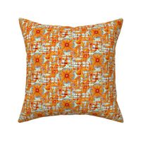 BYF10 - Scattered Contemporary Plaid with Floral Medallion in Dried Apricot Orange and Rustic Teal with Mauve Accents