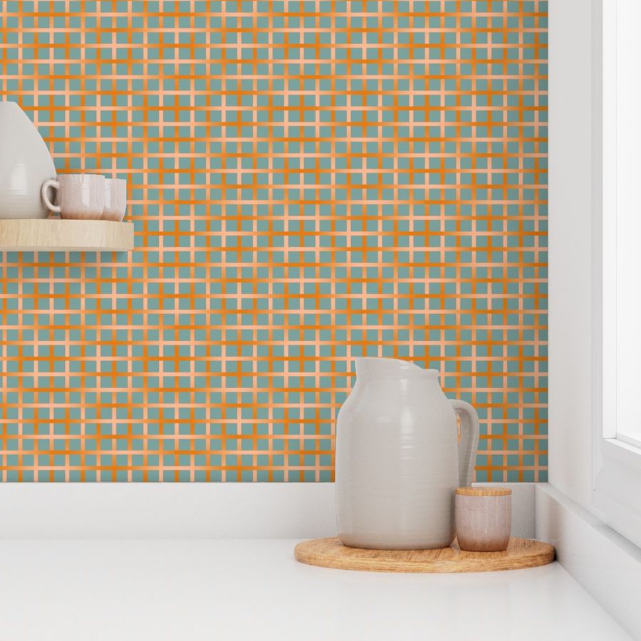 BYF10 - Open Weave Window Pane Plaid in Dried Apricot Orange Gradient Plaid on Stone Blue Pastel