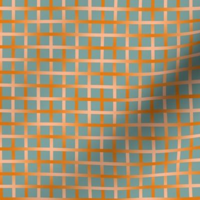 BYF10 - Open Weave Window Pane Plaid in Dried Apricot Orange Gradient Plaid on Stone Blue Pastel