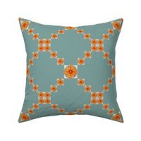 BYF10 - Bull's Eye Floral Polka Puff Trellis aka Irish Chain Cheater Quilt in Apricot and Stone Blue Pastel