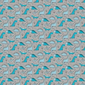 Dinosaurs in Blue on Grey Tiny Small