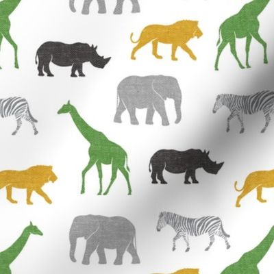 Safari animals - multi gold, green, grey  - elephant, giraffe, rhino, zebra C19BS