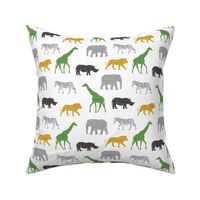 Safari animals - multi gold, green, grey  - elephant, giraffe, rhino, zebra C19BS