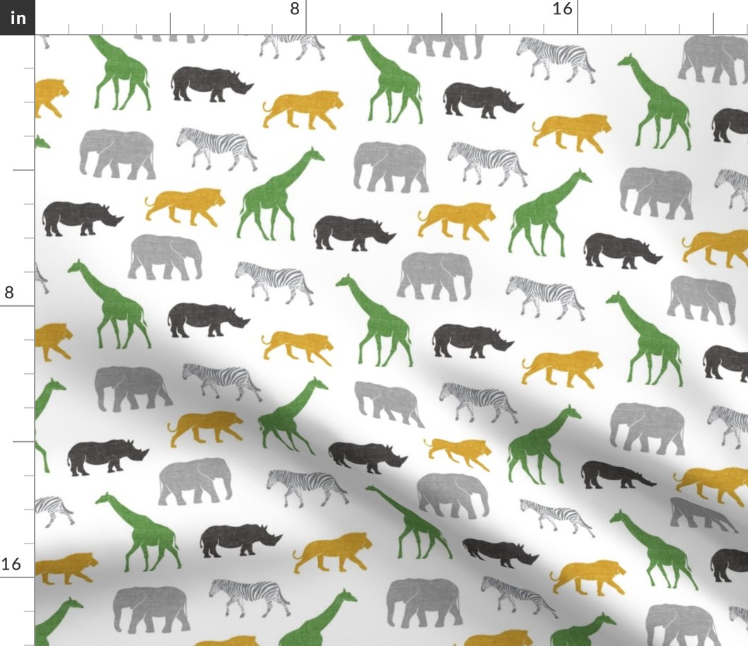 Safari animals - multi gold, green, grey  - elephant, giraffe, rhino, zebra C19BS