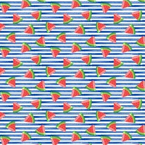 (micro scale) watermelons (red on blue stripes) - summer fruit fabric - LAD19BS
