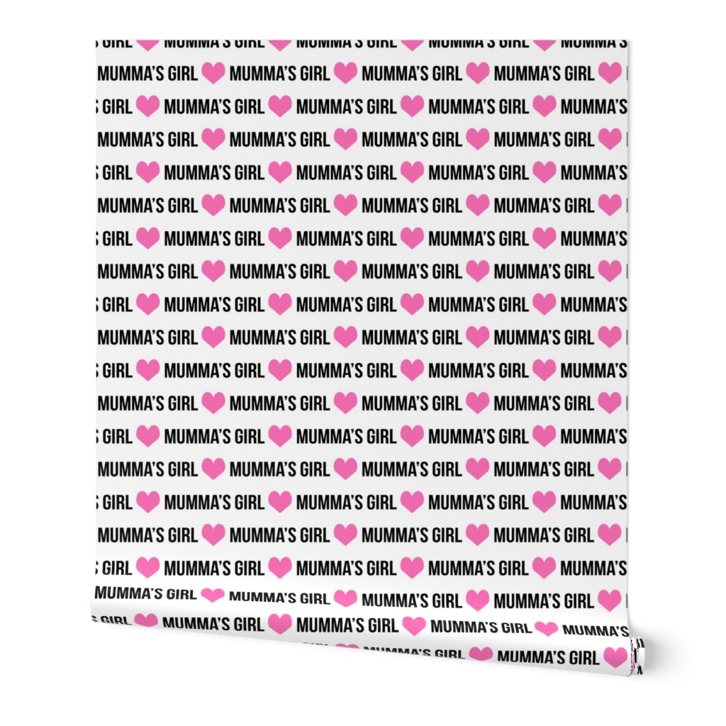 mumma's girl fabric, girl fabric - text fabric, word fabric, black words, pink heart - white