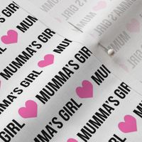 mumma's girl fabric, girl fabric - text fabric, word fabric, black words, pink heart - white