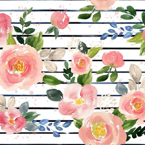 Pink Garden Roses // Navy and Black Stripes