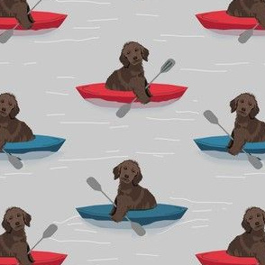 golden doodle dog fabric - kayak fabric, dog kayak fabric - brown golden doodle fabric, chocolate golden doodle fabric - dog fabric, kayaker fabric, - blue