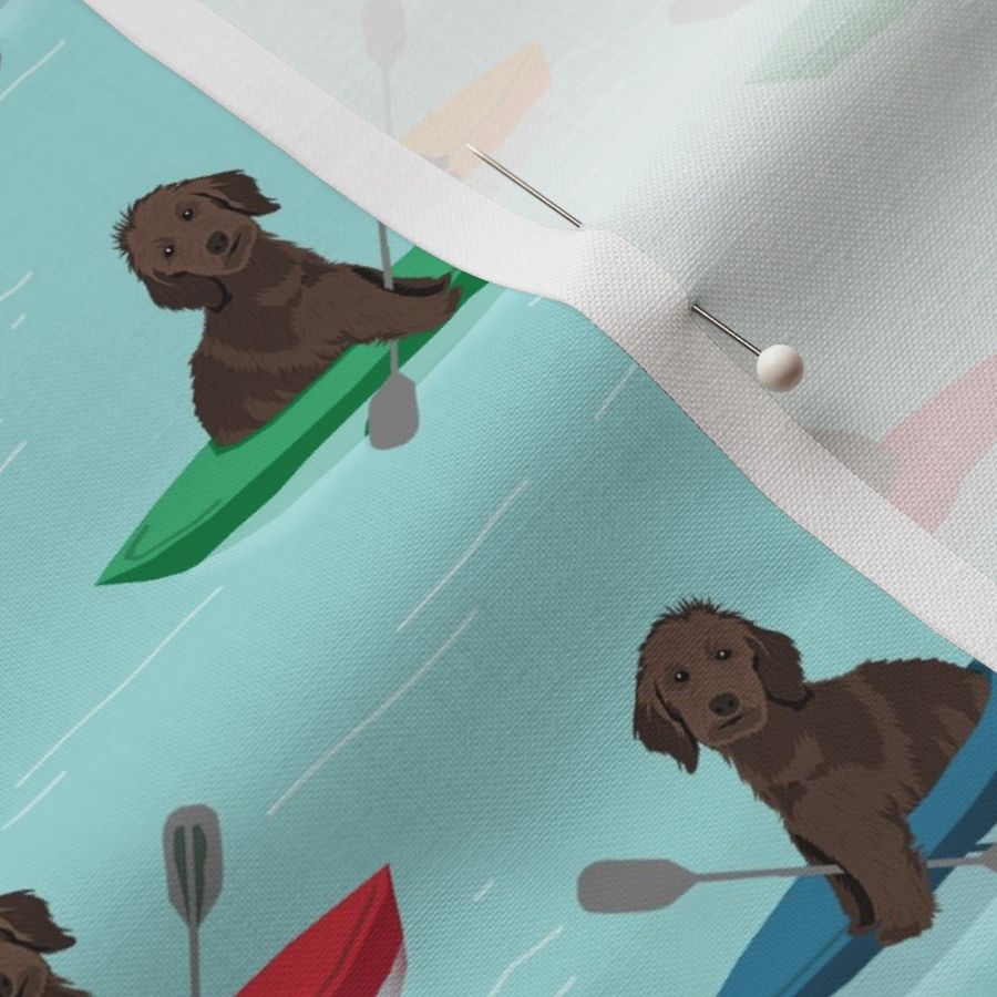 golden doodle dog fabric - kayak fabric, dog kayak fabric - brown golden doodle fabric, chocolate golden doodle fabric - dog fabric, kayaker fabric, - blue