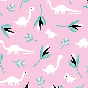 Little Dino jungle birds of paradise flowers and leaves summer pastel girls pink