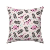 Dino friends and palm leaves jungle tropical summer design pink mint