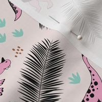 Dino friends and palm leaves jungle tropical summer design pink mint