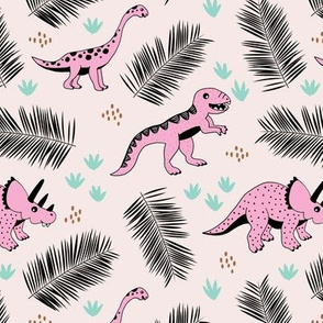 Dino friends and palm leaves jungle tropical summer design pink mint