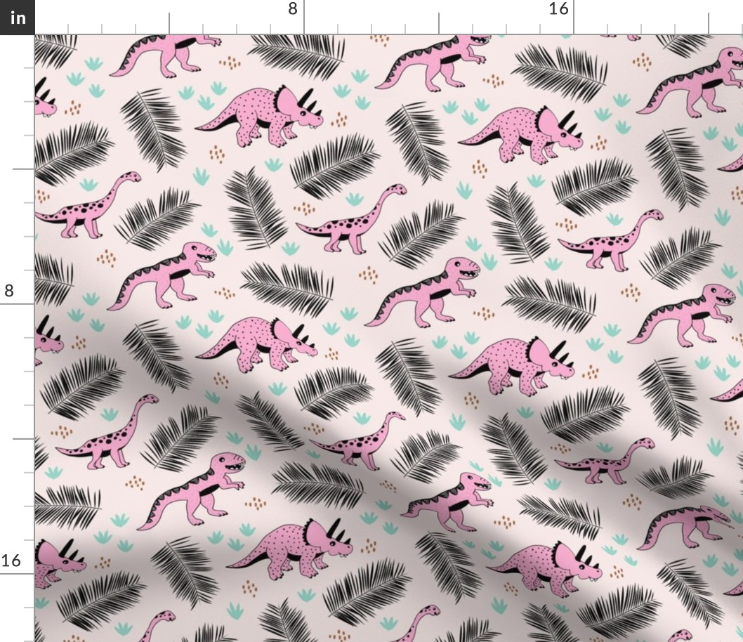Dino friends and palm leaves jungle tropical summer design pink mint