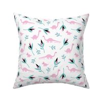 Little Dino jungle birds of paradise flowers and leaves summer pastel girls pink white