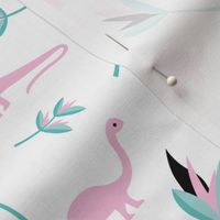 Little Dino jungle birds of paradise flowers and leaves summer pastel girls pink white