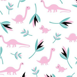 Little Dino jungle birds of paradise flowers and leaves summer pastel girls pink white