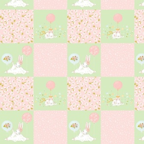 8" Spring is in the air - Little Bunnies and Cute Florals Patchwork - baby girls quilt cheater quilt fabric - spring animals flower fabric, baby fabric, cheater quilt fabric  2