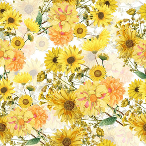 18" Vintage Sunflower bouquets on white,Sunflowers fabric ,sunflower fabric