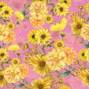 18" Vintage Sunflower bouquets on pink,Sunflowers fabric ,sunflower fabric