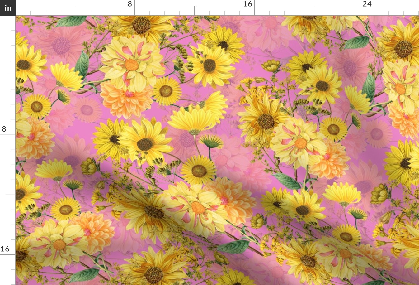 18" Vintage Sunflower bouquets on pink,Sunflowers fabric ,sunflower fabric