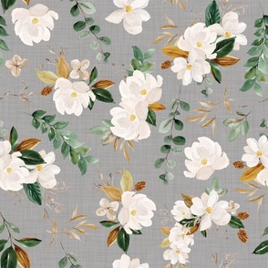 magnolia floral on gray linen