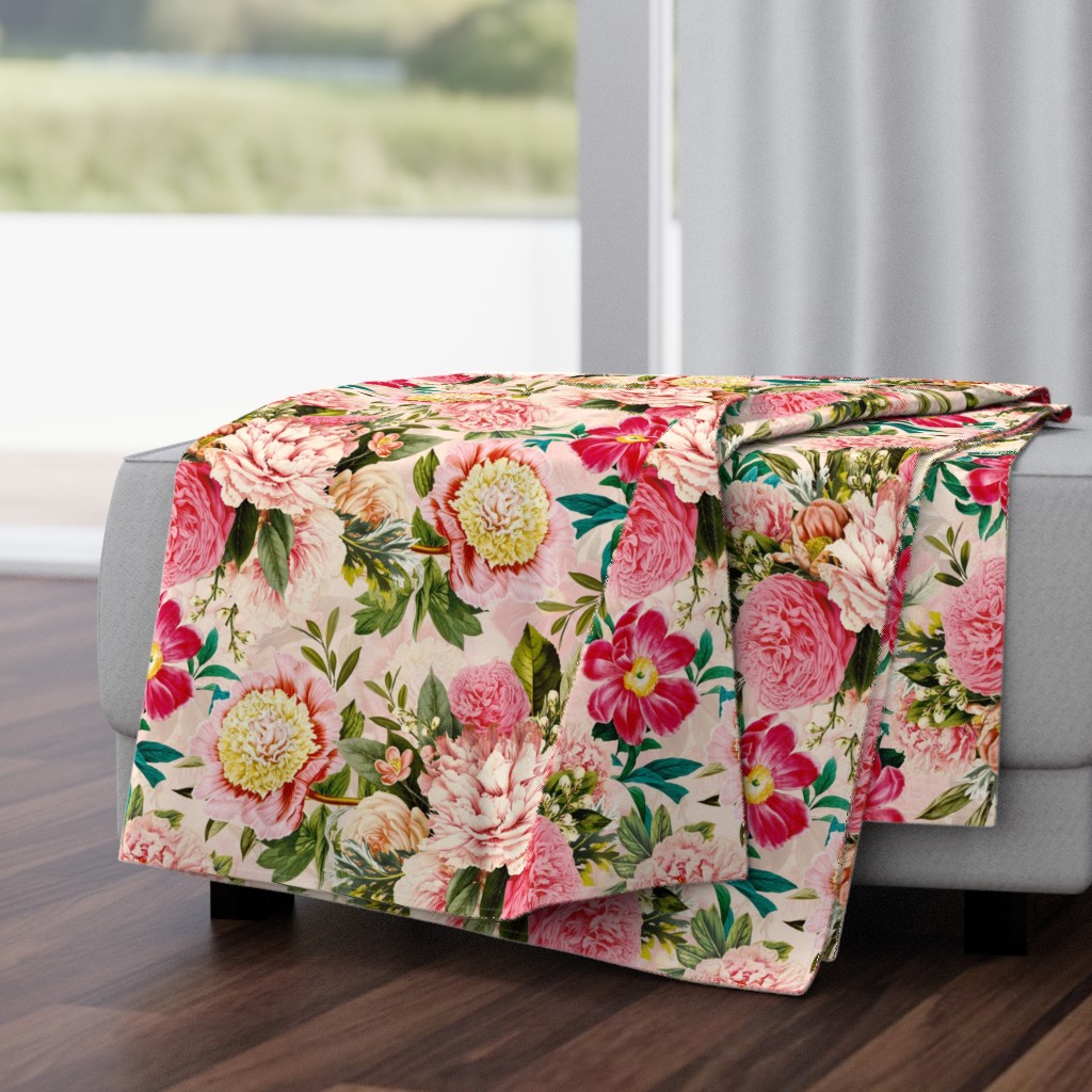 18" nostalgic Pierre-Joseph-Redoute - Historic pastel Roses and Peonies bouquets fabric on blush pink - redoute roses fabric