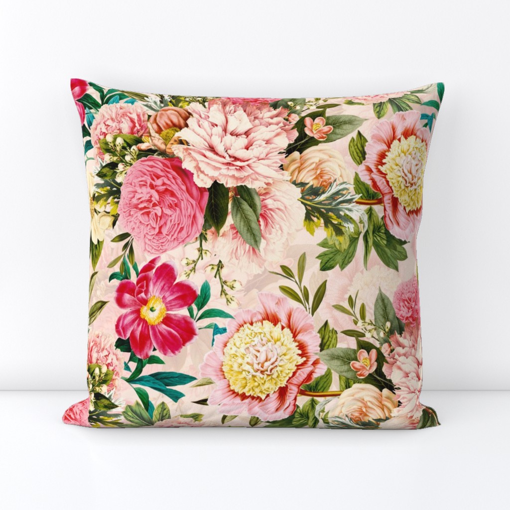 18" nostalgic Pierre-Joseph-Redoute - Historic pastel Roses and Peonies bouquets fabric on blush pink - redoute roses fabric