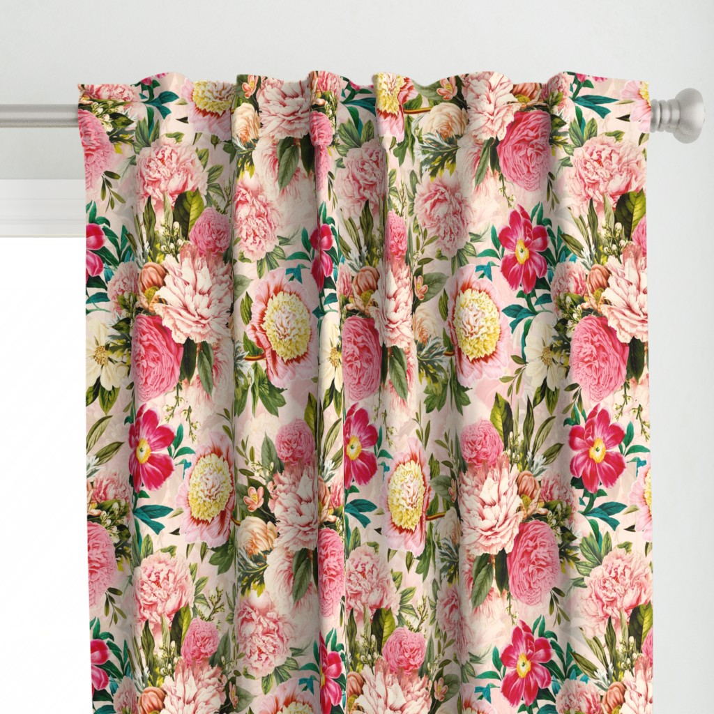 18" nostalgic Pierre-Joseph-Redoute - Historic pastel Roses and Peonies bouquets fabric on blush pink - redoute roses fabric