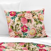 18" nostalgic Pierre-Joseph-Redoute - Historic pastel Roses and Peonies bouquets fabric on blush pink - redoute roses fabric