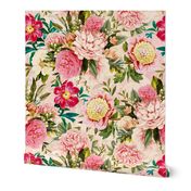 18" nostalgic Pierre-Joseph-Redoute - Historic pastel Roses and Peonies bouquets fabric on blush pink - redoute roses fabric