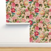 18" nostalgic Pierre-Joseph-Redoute - Historic pastel Roses and Peonies bouquets fabric on blush pink - redoute roses fabric