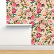 18" nostalgic Pierre-Joseph-Redoute - Historic pastel Roses and Peonies bouquets fabric on blush pink - redoute roses fabric