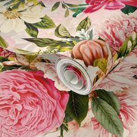 18" nostalgic Pierre-Joseph-Redoute - Historic pastel Roses and Peonies bouquets fabric on blush pink - redoute roses fabric